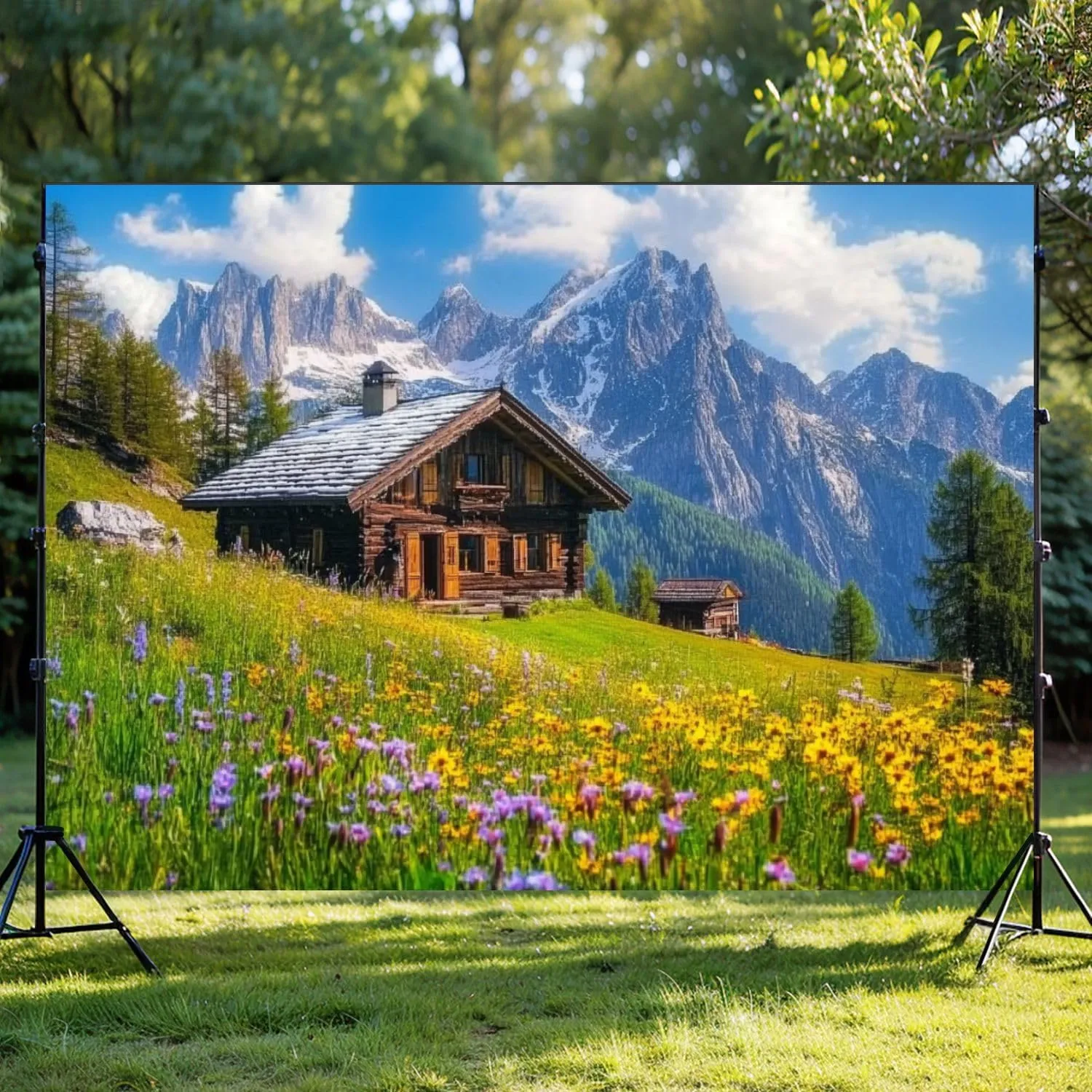 Photography Backdrop Photography Background Alpine Scenery Mountain Chalet Summer for Photoshoot Portrait Photo Studio Video Prop Birthday Party Booth Decoration 7x5ft
