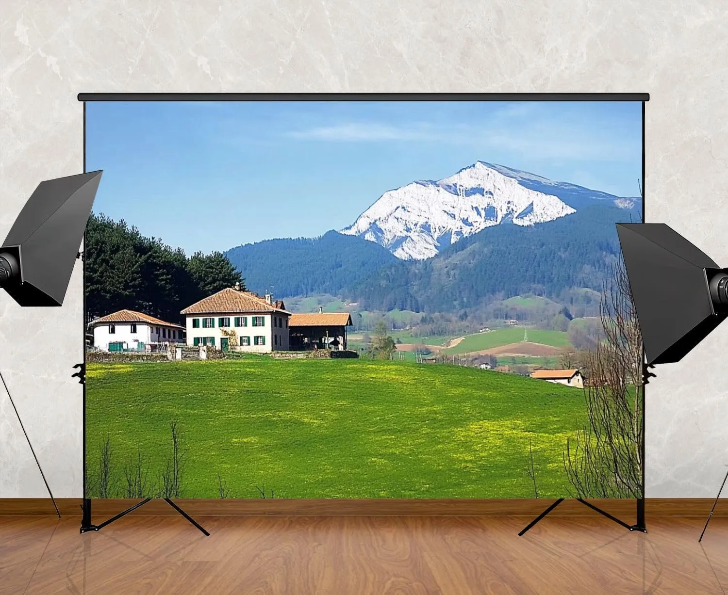 Photography Backdrop Photography Background Village Aramaio Valley Snowy Mountains Basque Country for Photoshoot Portrait Photo Studio Video Prop Birthday Party Booth Decoration 7x5ft