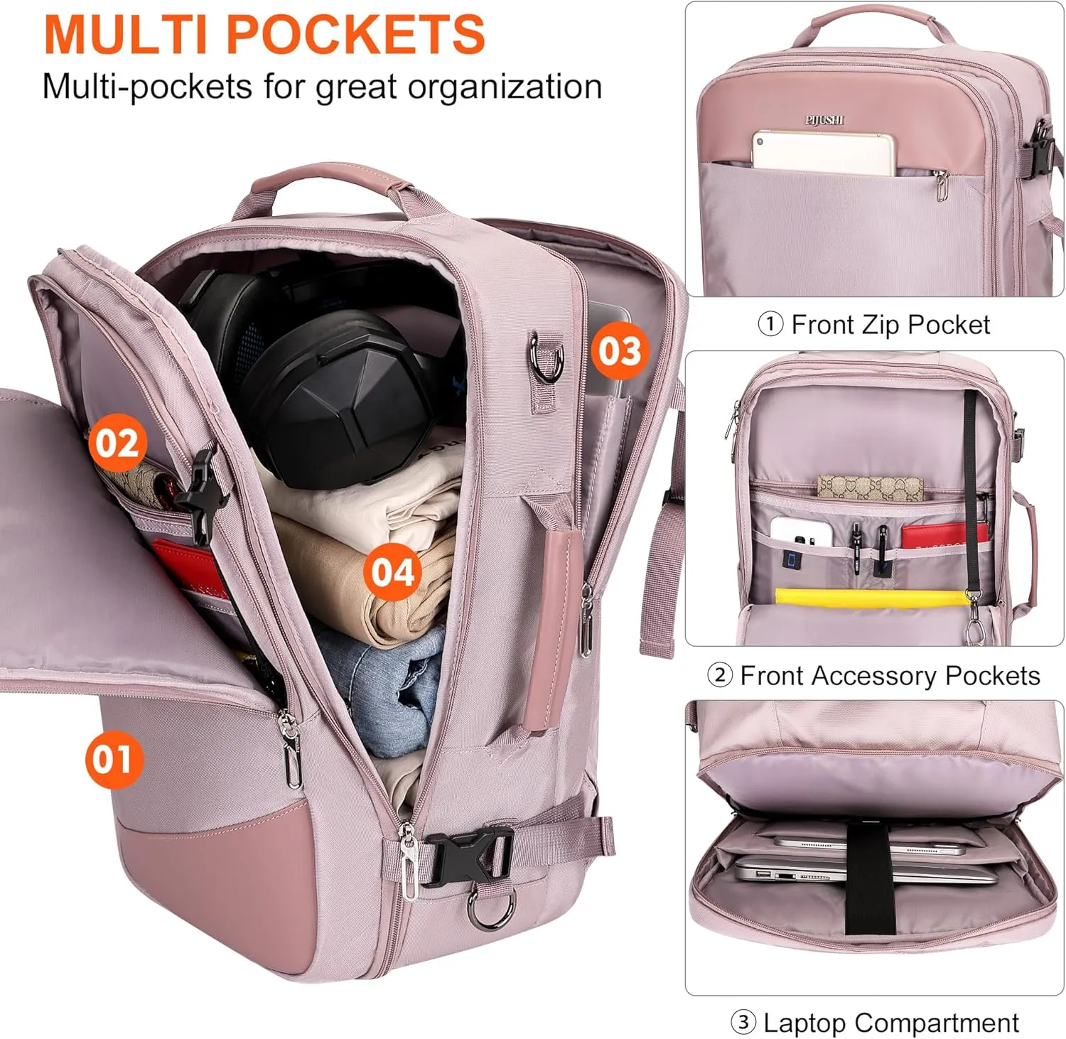 PIJUSHI Carry on Travel Backpack for Women Large Flight Approved Personal Item Bag with USB Port Fits 16 Inch Laptop(PE035 Light Purple)