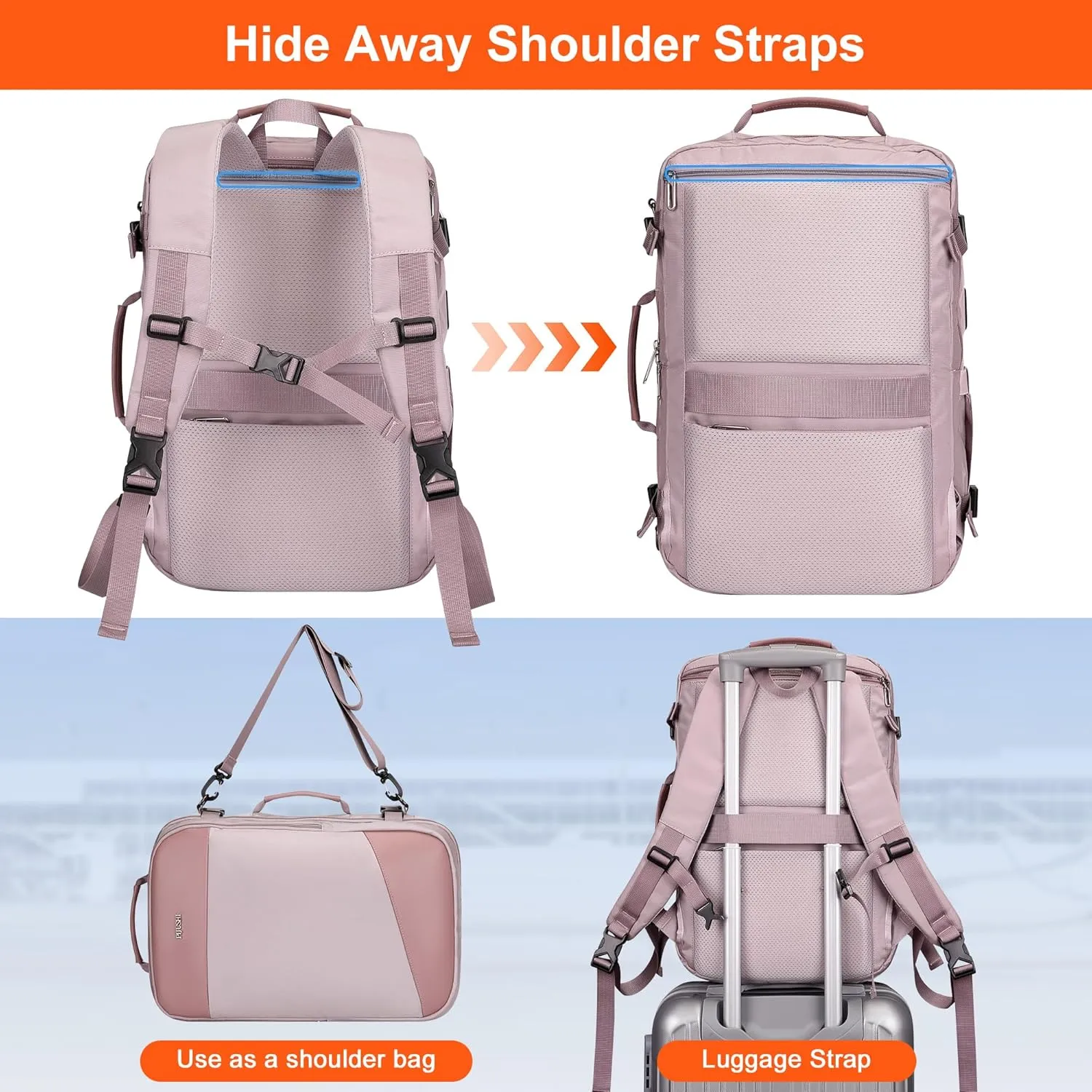 PIJUSHI Carry on Travel Backpack for Women Large Flight Approved Personal Item Bag with USB Port Fits 16 Inch Laptop(PE035 Light Purple)