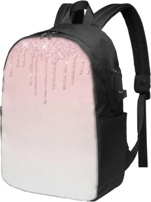Pink Glitter Drip Ergonomic Travel Laptop Backpack - Fashionable Usb Charging Men'S And Women'S Backpack, Work Gift, Leisure Day Bag