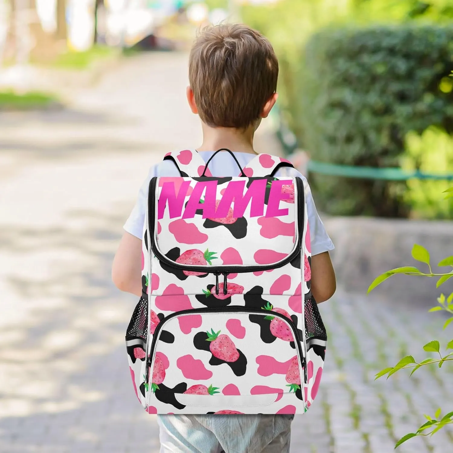 Pink Strawberry Cow Print Backpack, Large Capacity Student Backpack - Boys & Girls 16 Inch Computer & School Shoulder Bag - Free Personalized Names