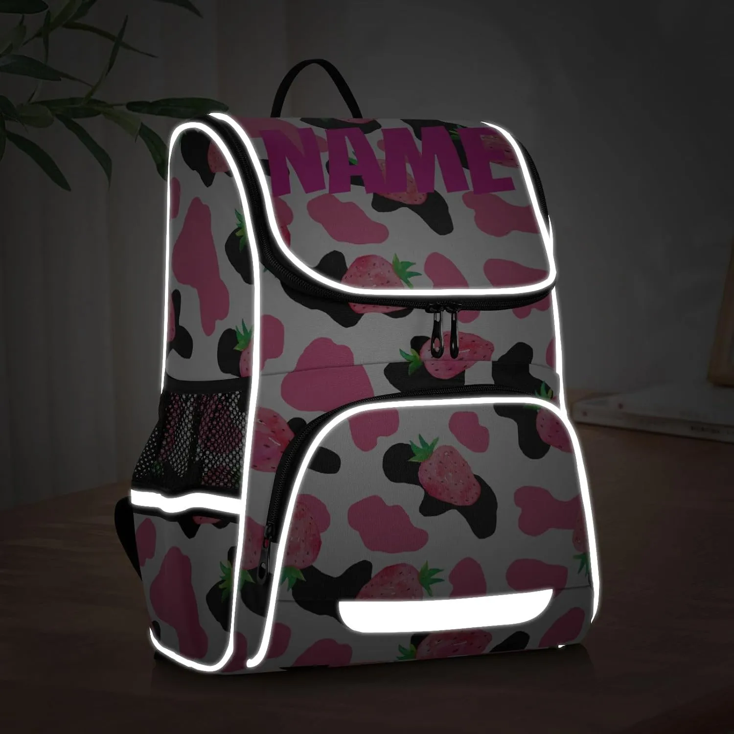 Pink Strawberry Cow Print Backpack, Large Capacity Student Backpack - Boys & Girls 16 Inch Computer & School Shoulder Bag - Free Personalized Names
