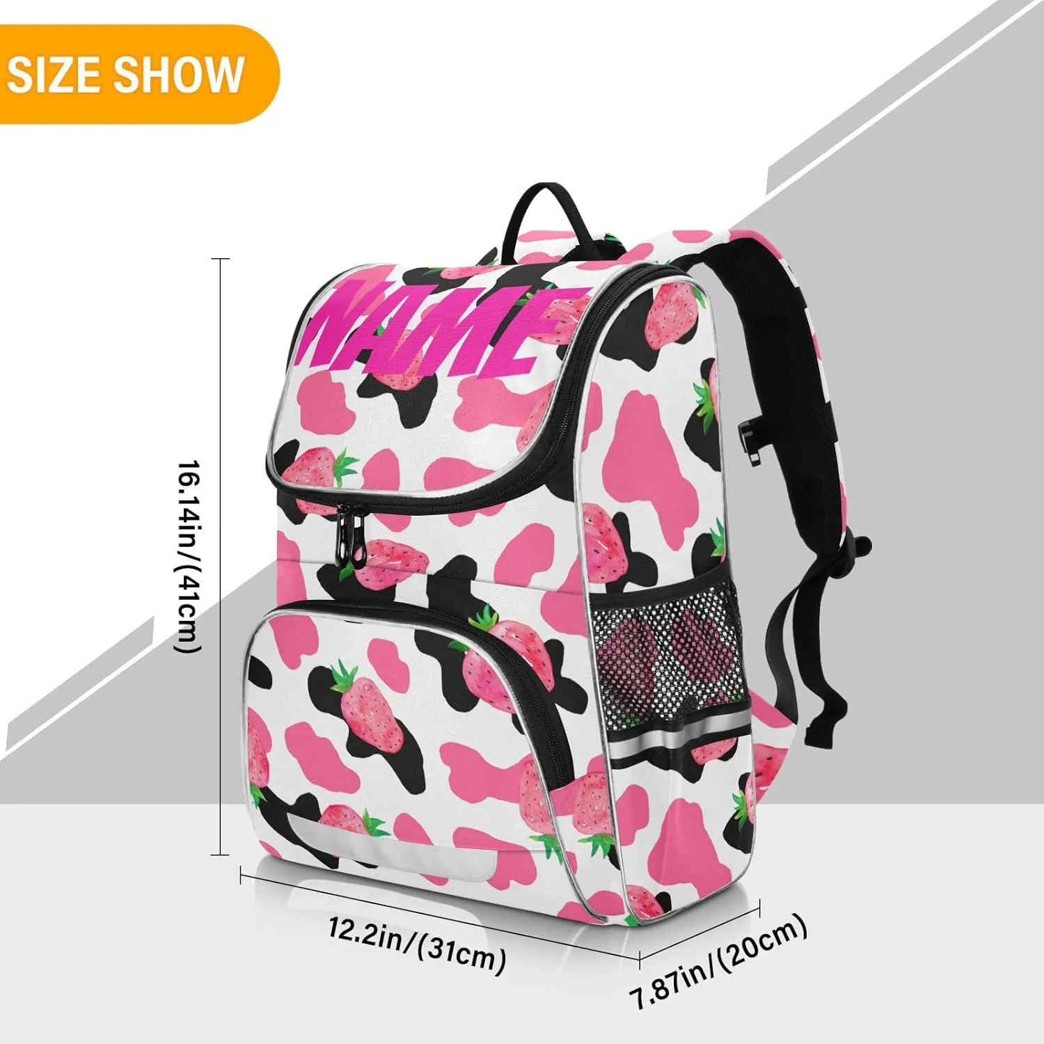 Pink Strawberry Cow Print Backpack, Large Capacity Student Backpack - Boys & Girls 16 Inch Computer & School Shoulder Bag - Free Personalized Names