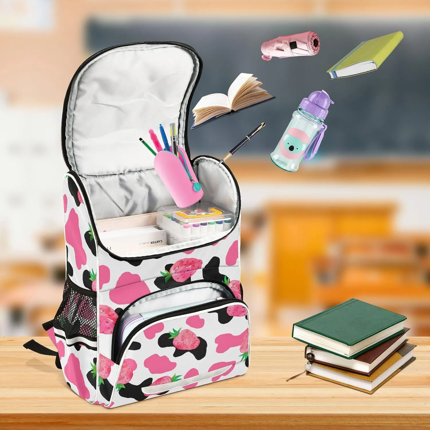 Pink Strawberry Cow Print Backpack, Large Capacity Student Backpack - Boys & Girls 16 Inch Computer & School Shoulder Bag - Free Personalized Names