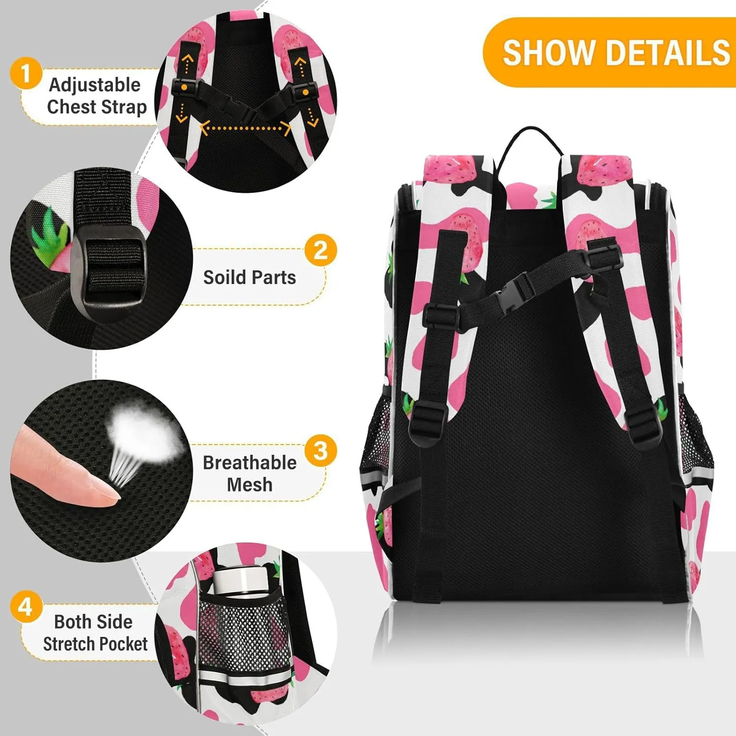 Pink Strawberry Cow Print Backpack, Large Capacity Student Backpack - Boys & Girls 16 Inch Computer & School Shoulder Bag - Free Personalized Names