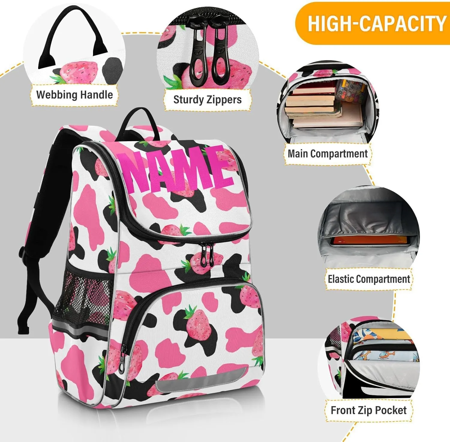 Pink Strawberry Cow Print Backpack, Large Capacity Student Backpack - Boys & Girls 16 Inch Computer & School Shoulder Bag - Free Personalized Names