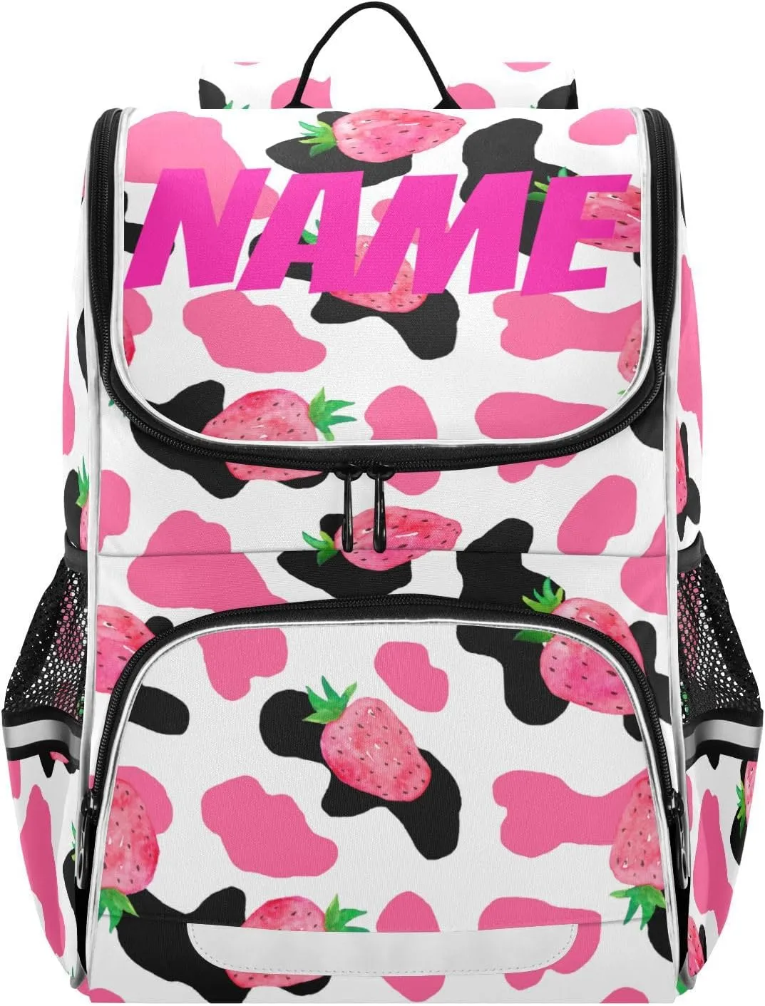Pink Strawberry Cow Print Backpack, Large Capacity Student Backpack - Boys & Girls 16 Inch Computer & School Shoulder Bag - Free Personalized Names