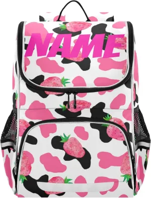 Pink Strawberry Cow Print Backpack, Large Capacity Student Backpack - Boys & Girls 16 Inch Computer & School Shoulder Bag - Free Personalized Names