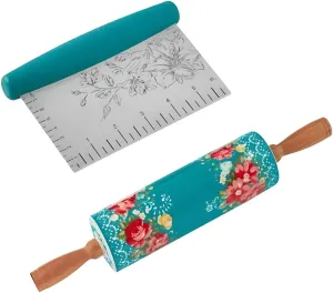 Pioneer Woman Vintage Floral Ceramic Rolling Pin & Dough Cutter