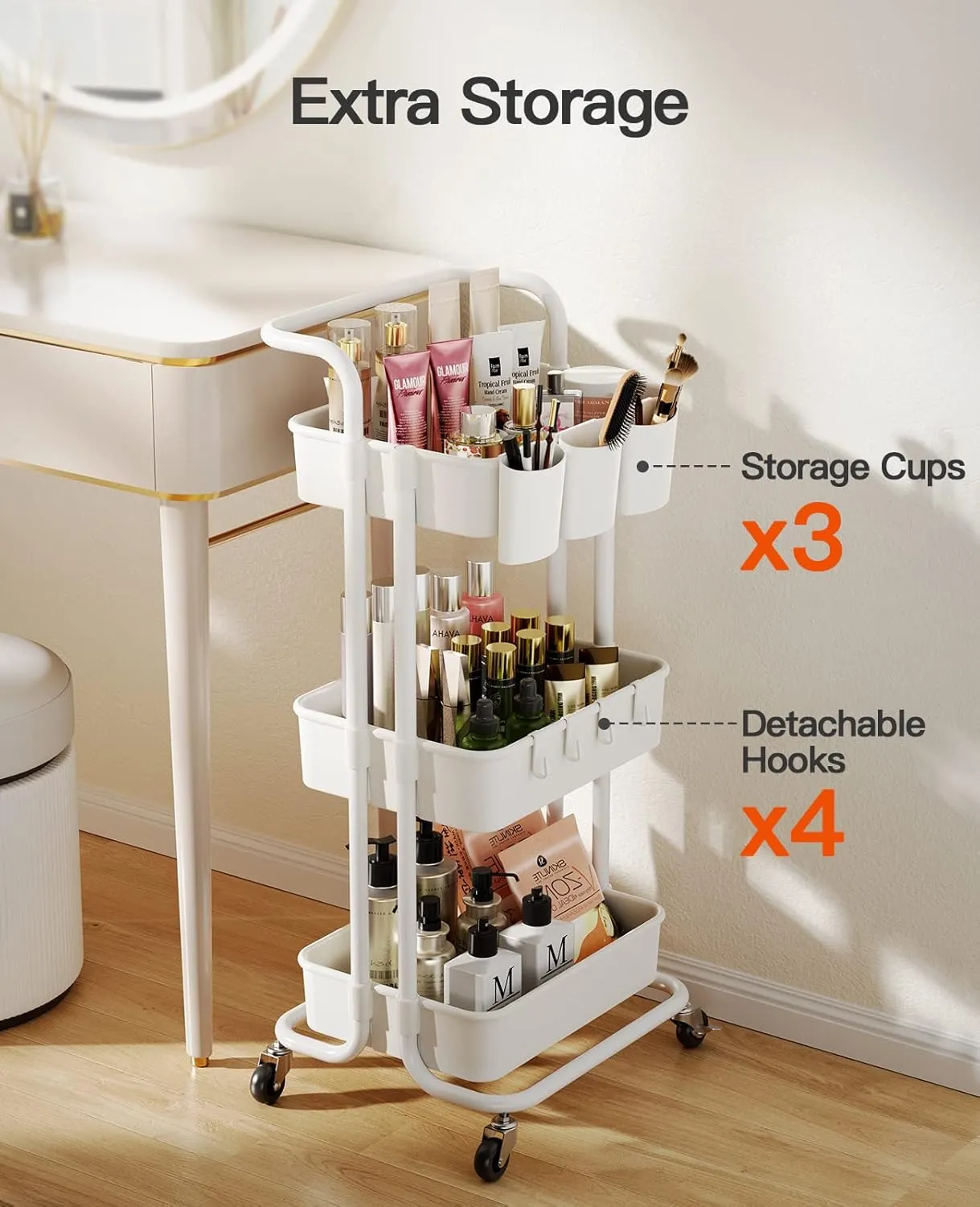 Pipishell 3-Tier Rolling Cart with Wheels - Rolling Storage Cart with Hanging Cups & Hooks - Mobile Utility Cart for Office, Kitchen, Craft Room - Art & Craft Organizer, White, PIUC06W