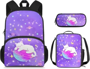 Planet Cat School Backpack for Girls Age 6-15 Cute Backpacks for School Girls 6Th School Backpack for Teens Girls High School Kids Travel Handbag with Adjustable Strap for Middle School