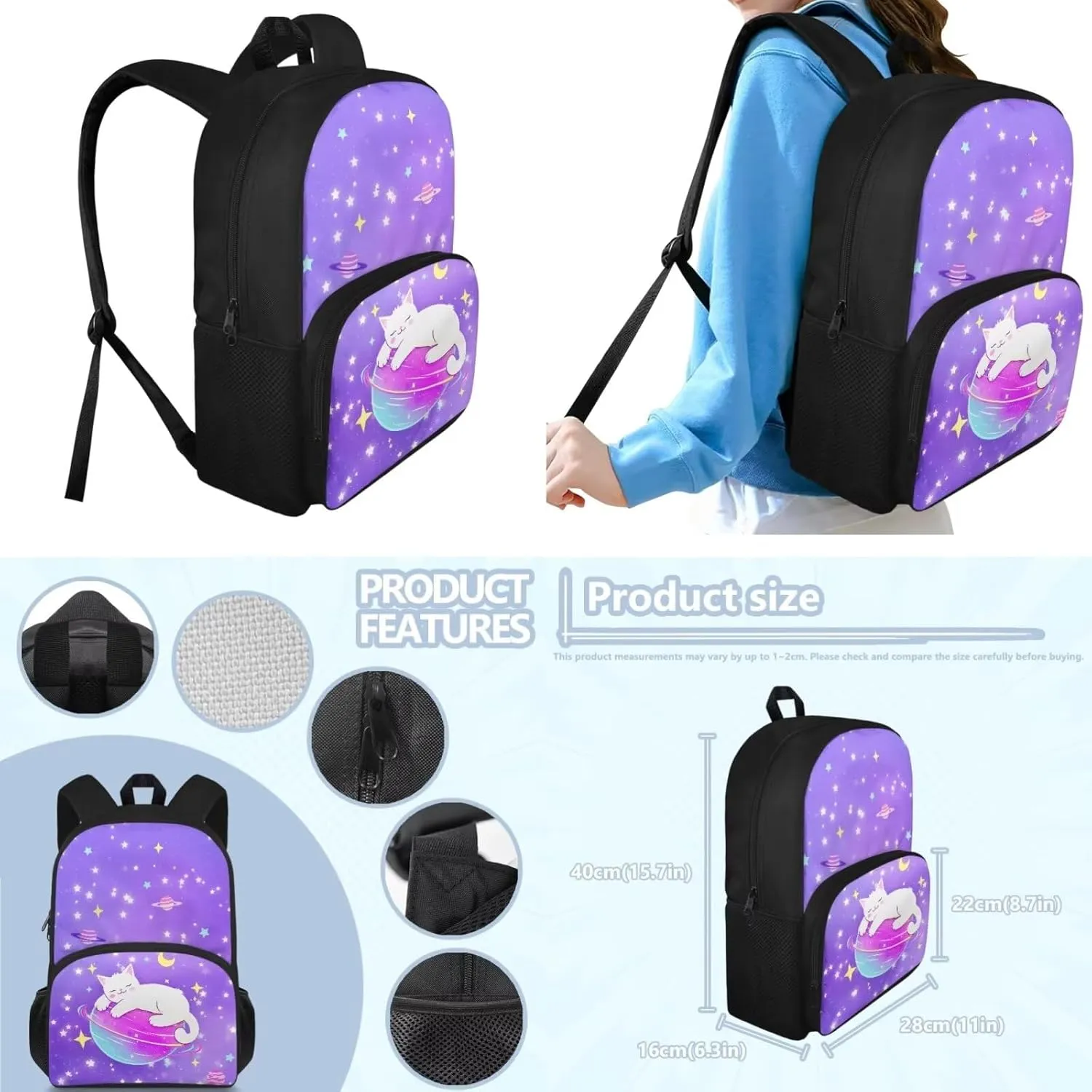Planet Cat School Backpack for Girls Age 6-15 Cute Backpacks for School Girls 6Th School Backpack for Teens Girls High School Kids Travel Handbag with Adjustable Strap for Middle School