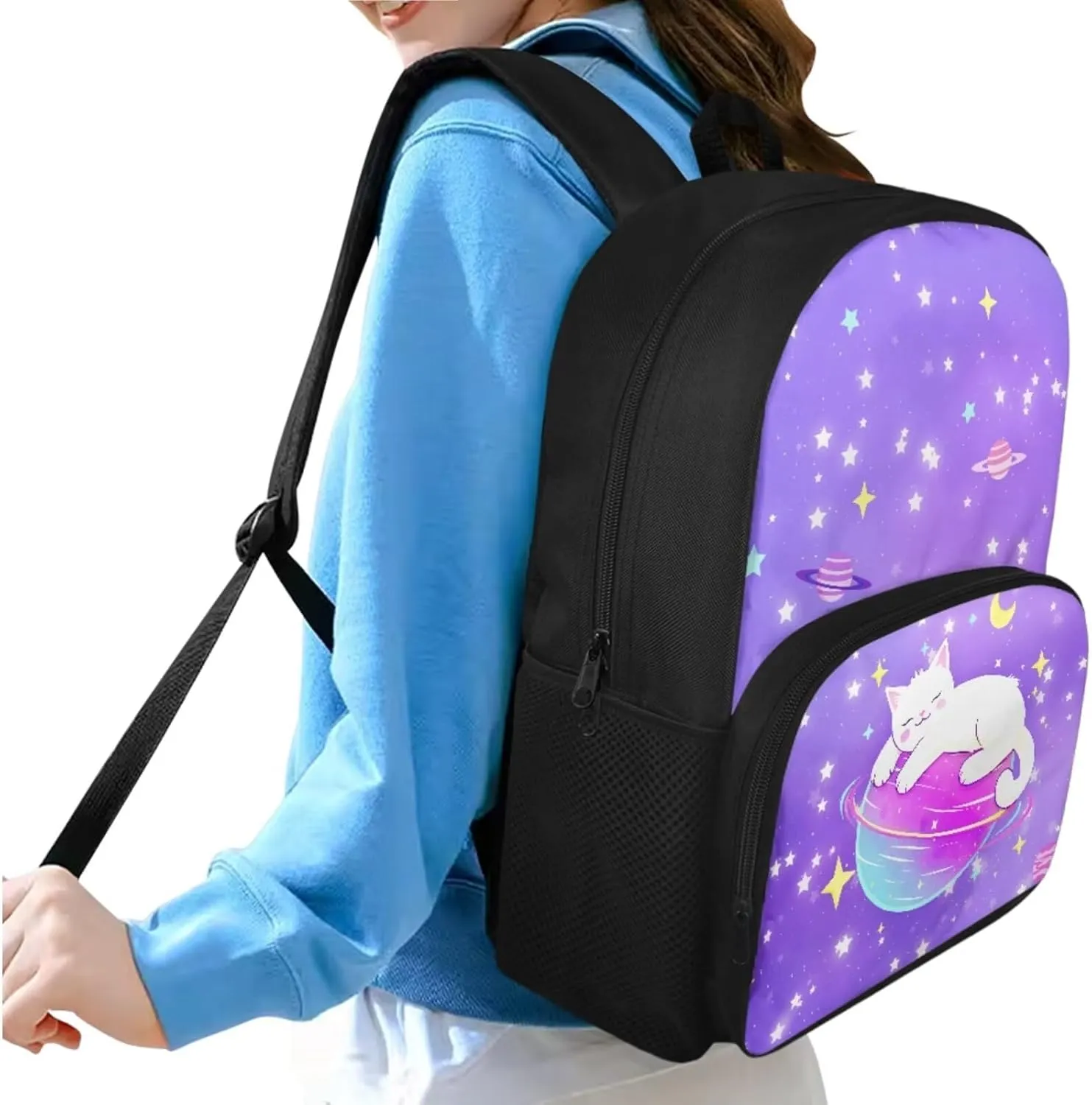 Planet Cat School Backpack for Girls Age 6-15 Cute Backpacks for School Girls 6Th School Backpack for Teens Girls High School Kids Travel Handbag with Adjustable Strap for Middle School