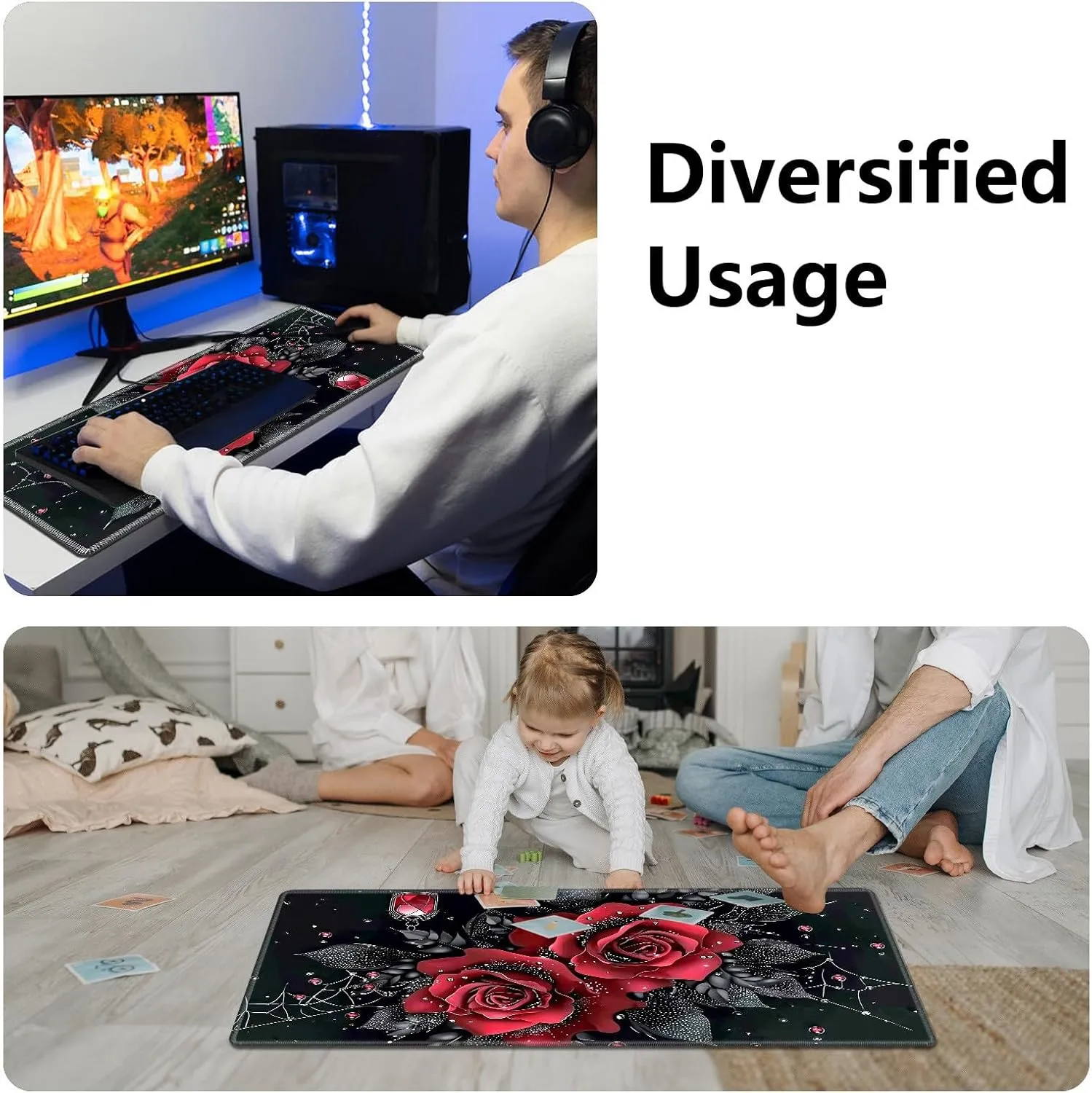 Playmat for MTG, Game Play Mat Card Game Playing 24 x 14 inches Tabletop Magic Play Mats Non-Slip Rubber Base and Stitched Mousepad Desk Mats Playmats for MTG TCG,Art Red Rose