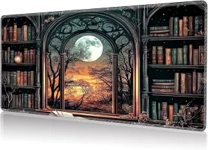 Playmat for MTG, Game Play Mat Card Game Playing 24 x 14 inches Tabletop Magic Play Mats Non-Slip Rubber Base and Stitched Mousepad Desk Mats Playmats for MTG TCG,Bookshelf Moon