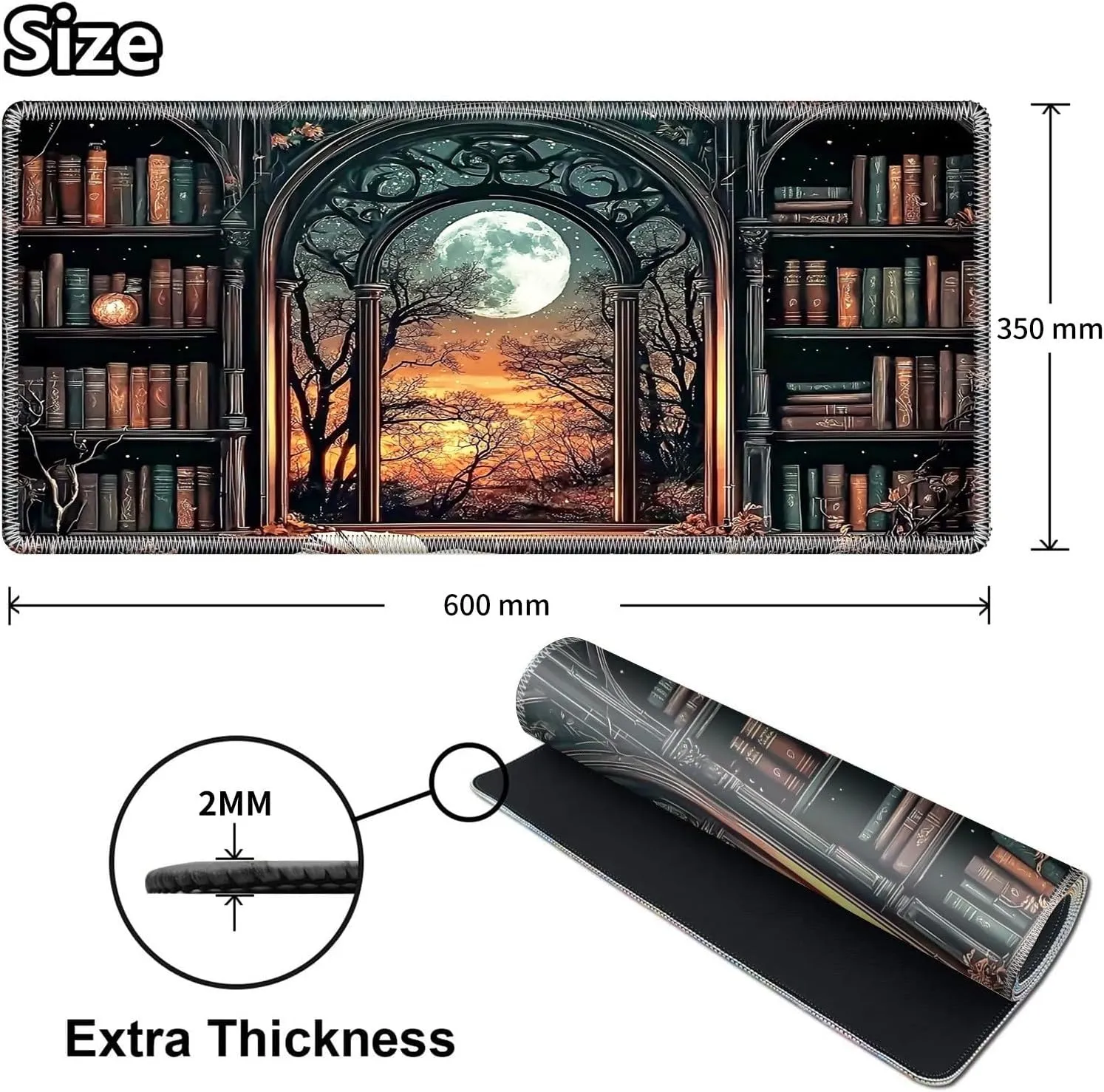 Playmat for MTG, Game Play Mat Card Game Playing 24 x 14 inches Tabletop Magic Play Mats Non-Slip Rubber Base and Stitched Mousepad Desk Mats Playmats for MTG TCG,Bookshelf Moon