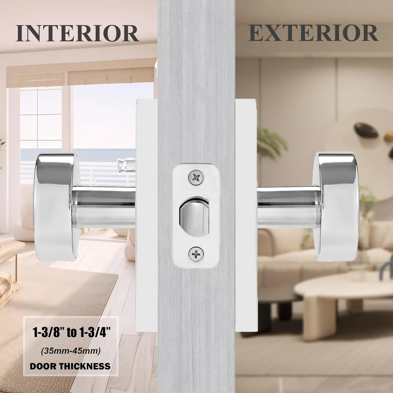 Polished Chrome Door Knobs Interior with Lock, Modern Privacy Door Knob Door Handles for Bathroom Bedroom Round