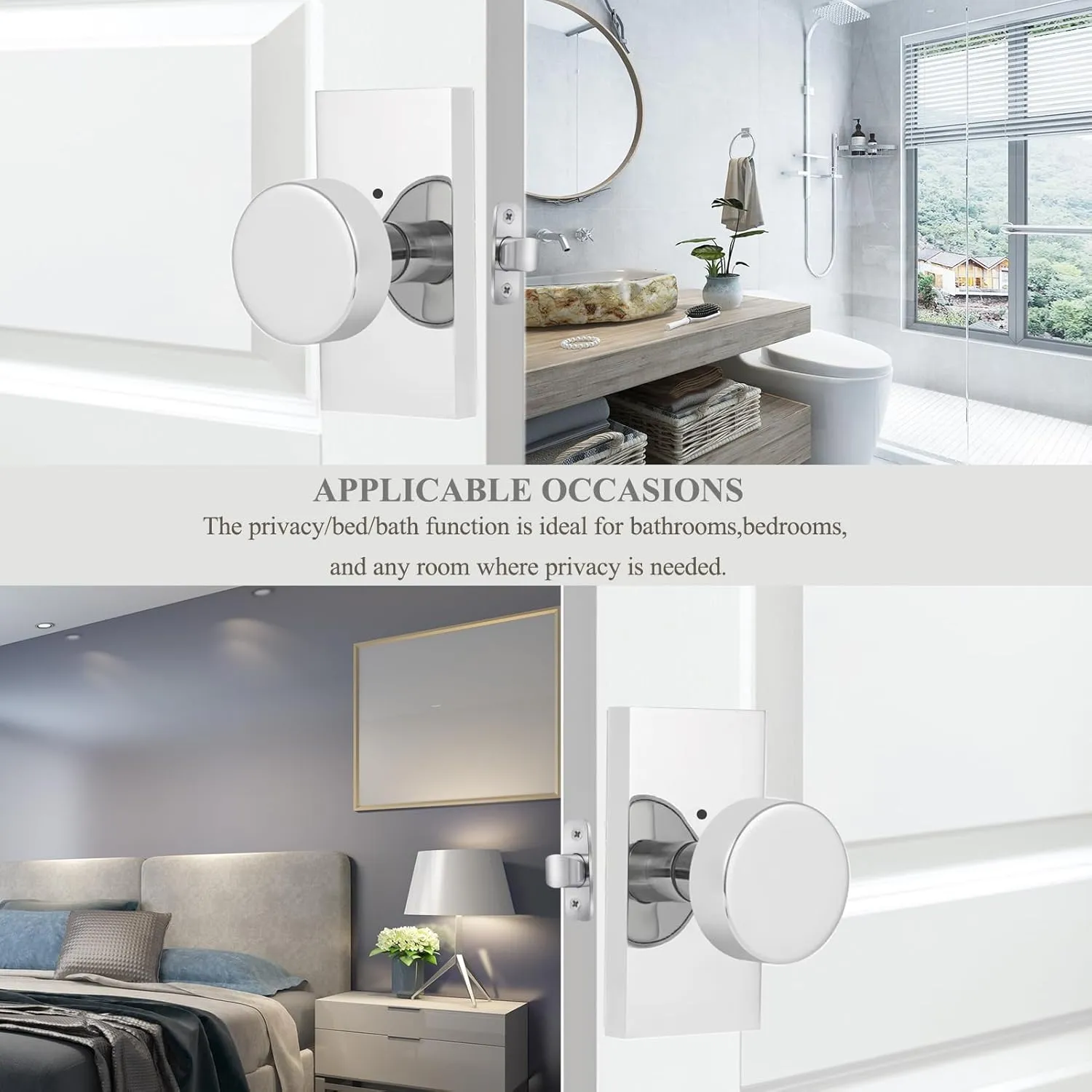 Polished Chrome Door Knobs Interior with Lock, Modern Privacy Door Knob Door Handles for Bathroom Bedroom Round
