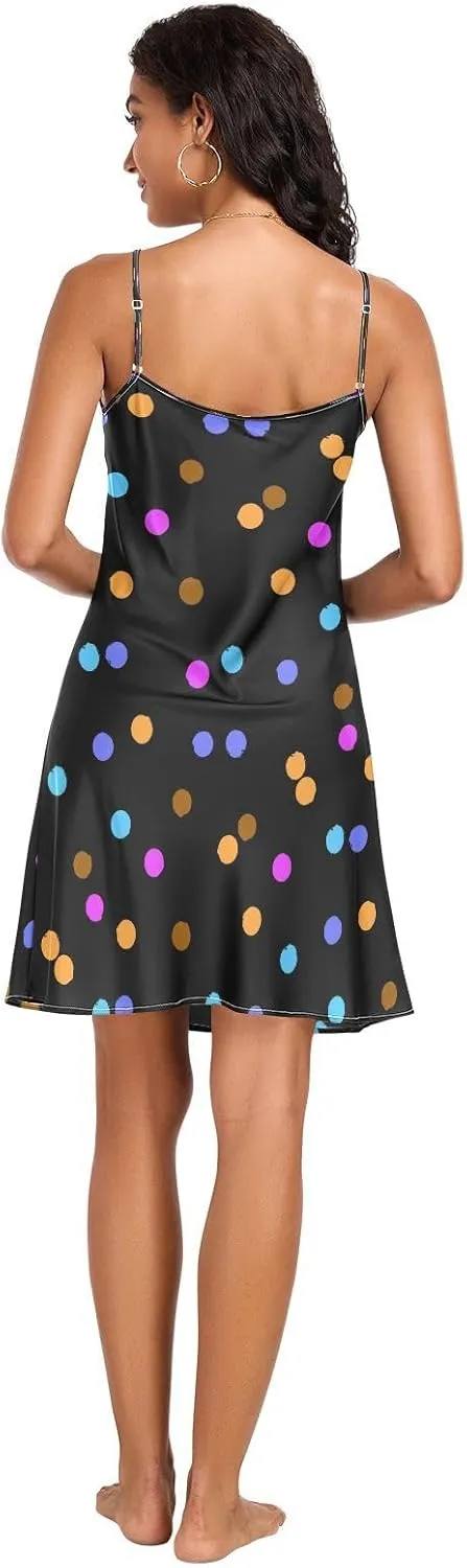 Polka Dot Women's Satin Slip Dress, Sexy V Neck Spaghetti Strap Nightgowns for Women, Small