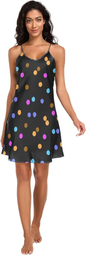 Polka Dot Women's Satin Slip Dress, Sexy V Neck Spaghetti Strap Nightgowns for Women, Small