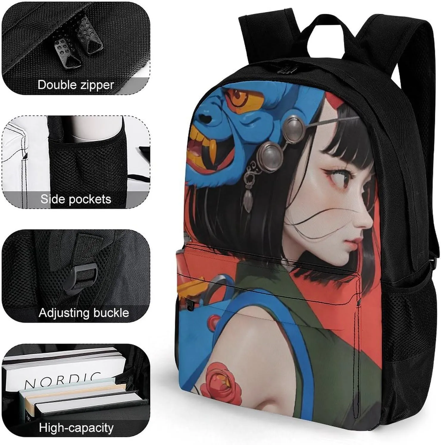 Polyester Daypack Bookbag for Gym Business Bicycle - Large Capacity Multipurpose Anti-Theft Carry On Bag, Japan Anime Cute Aesthetic Woman Warrior Art Travel Hiking Daypack