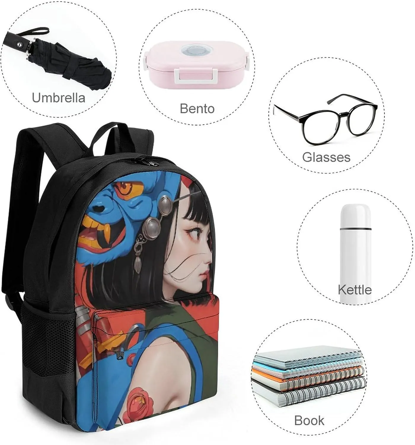 Polyester Daypack Bookbag for Gym Business Bicycle - Large Capacity Multipurpose Anti-Theft Carry On Bag, Japan Anime Cute Aesthetic Woman Warrior Art Travel Hiking Daypack