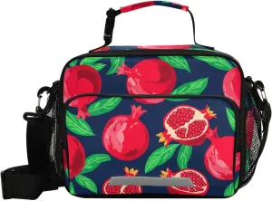 Pomegranate Leaves Blue Lunch Bag for Kids Insulated Lunch Tote Bags with Detachable Shoulder Strap Lunch Box for Office School Work
