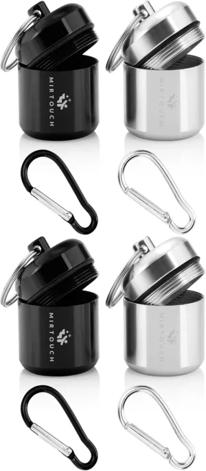Portable Keychain Pill Holder Case - Discreet Waterproof Mini Pill Container Carrier with Strong Carabiners for Pocket Purse Travel Bags - Aluminum Alloy Pill Fob Box for Medicine Jewelry - 4 Pack