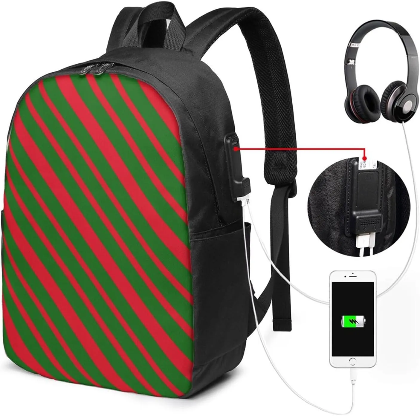 Portugal Portuguese Flag Stripe Laptop Backpacks Travel Backpack Casual Business Daypack Sport Rucksack Computer Bag Fits up to 17 Inch Notebook with USB Port