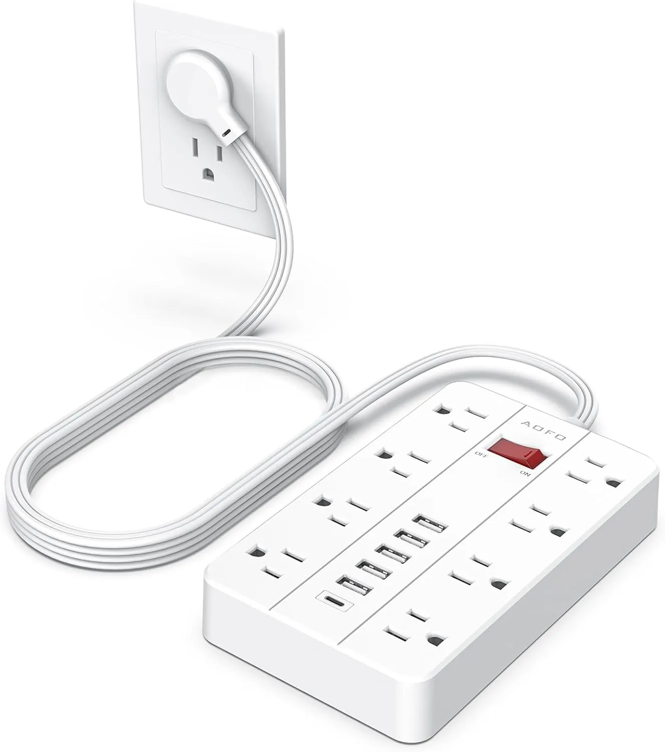 Power Strip Surge Protector with 6 USB (1USB C) Ports,AOFO 5 ft Extension Cord Flat Plug with 8 Widely Spaced Outlets,Wall Mountable Charging Station for Phone Tablet Laptop Computer Multiple Devices