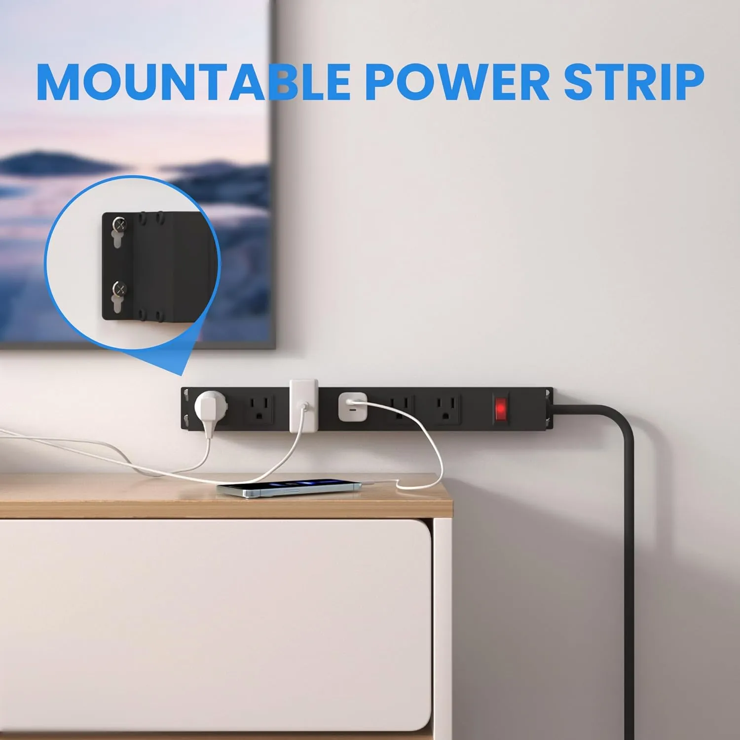 Power Strip with 6AC Outlets 6 Ft UL 14AWG Cord Straight Plug,Metal Wall Mount Heavy Duty Power Strip with Switch for Commercial,Industrial,School and Home,15A/125V/1875W,Black(6FT)