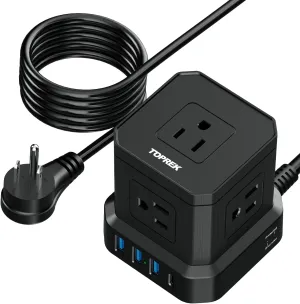 Power Strip with USB-C (3.0A), TOPREK Surge Protector (700J), 10 FT Extension Cord with 5 AC & 4 USB, Portable Travel Flat Plug for Office, Dorm, Hotel, Compact Desk Charging Station