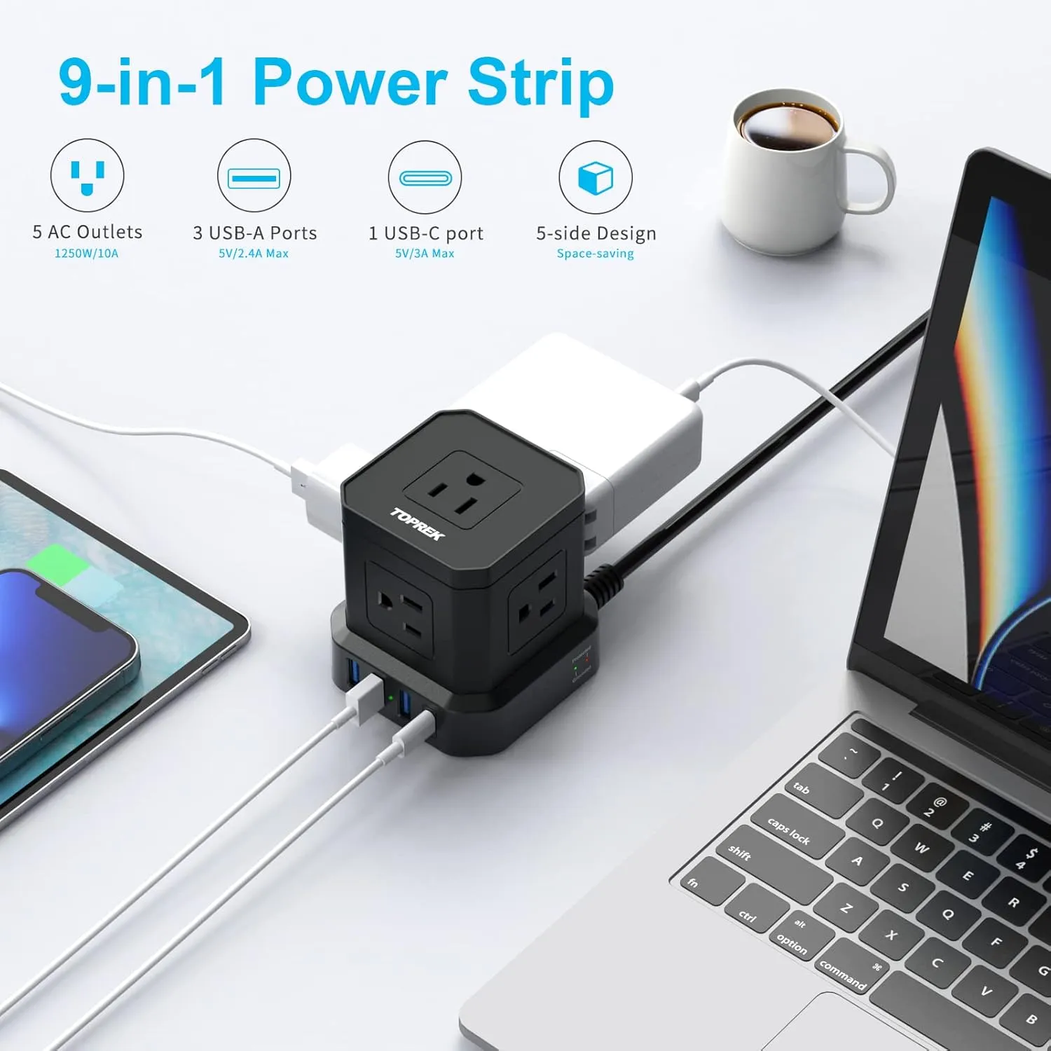 Power Strip with USB-C (3.0A), TOPREK Surge Protector (700J), 10 FT Extension Cord with 5 AC & 4 USB, Portable Travel Flat Plug for Office, Dorm, Hotel, Compact Desk Charging Station