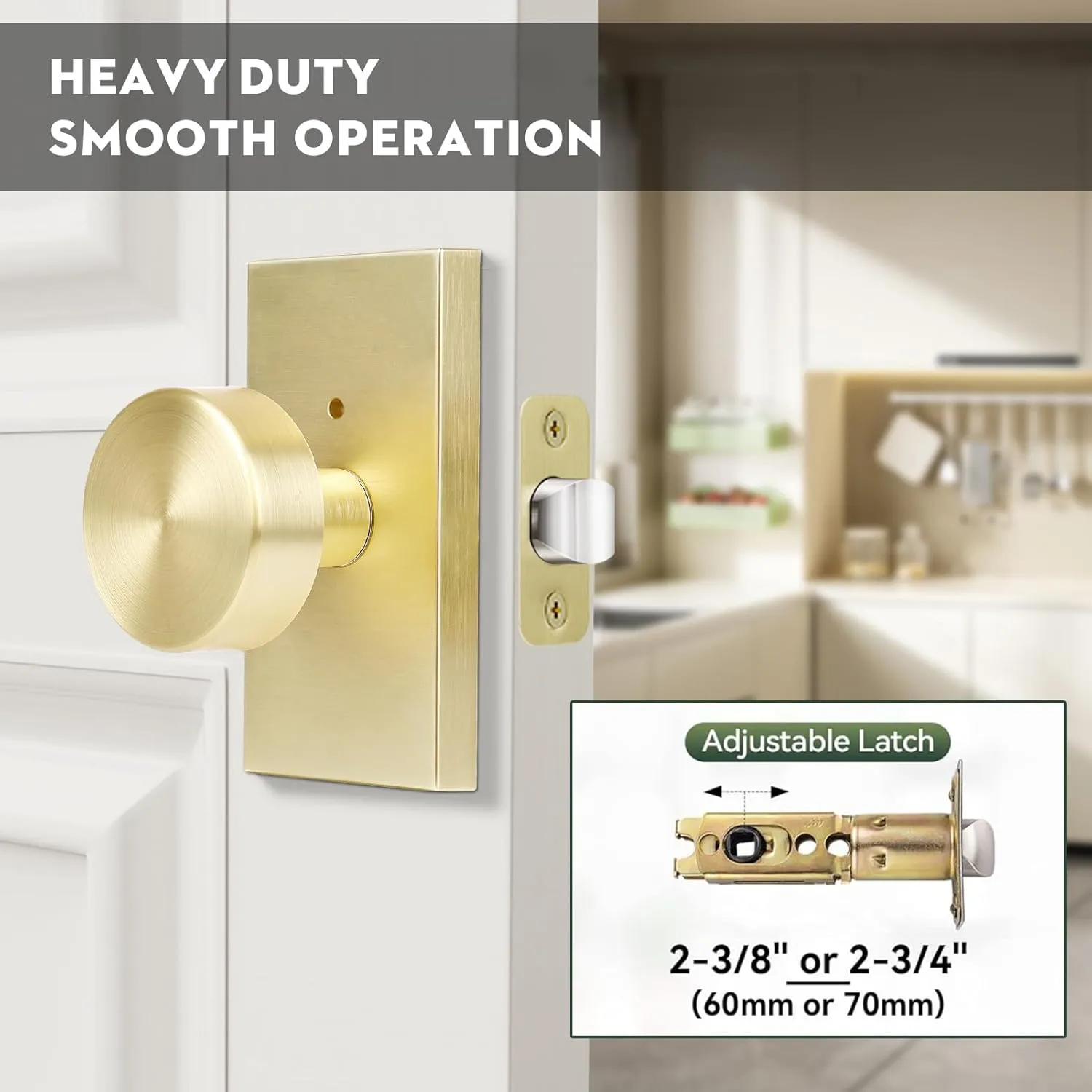 Privacy Gold Door Knob Interior, Satin Brass Door Knobs with Lock, Modern Round Door Handles for Bedroom Bathroom,Rectangle Rosette