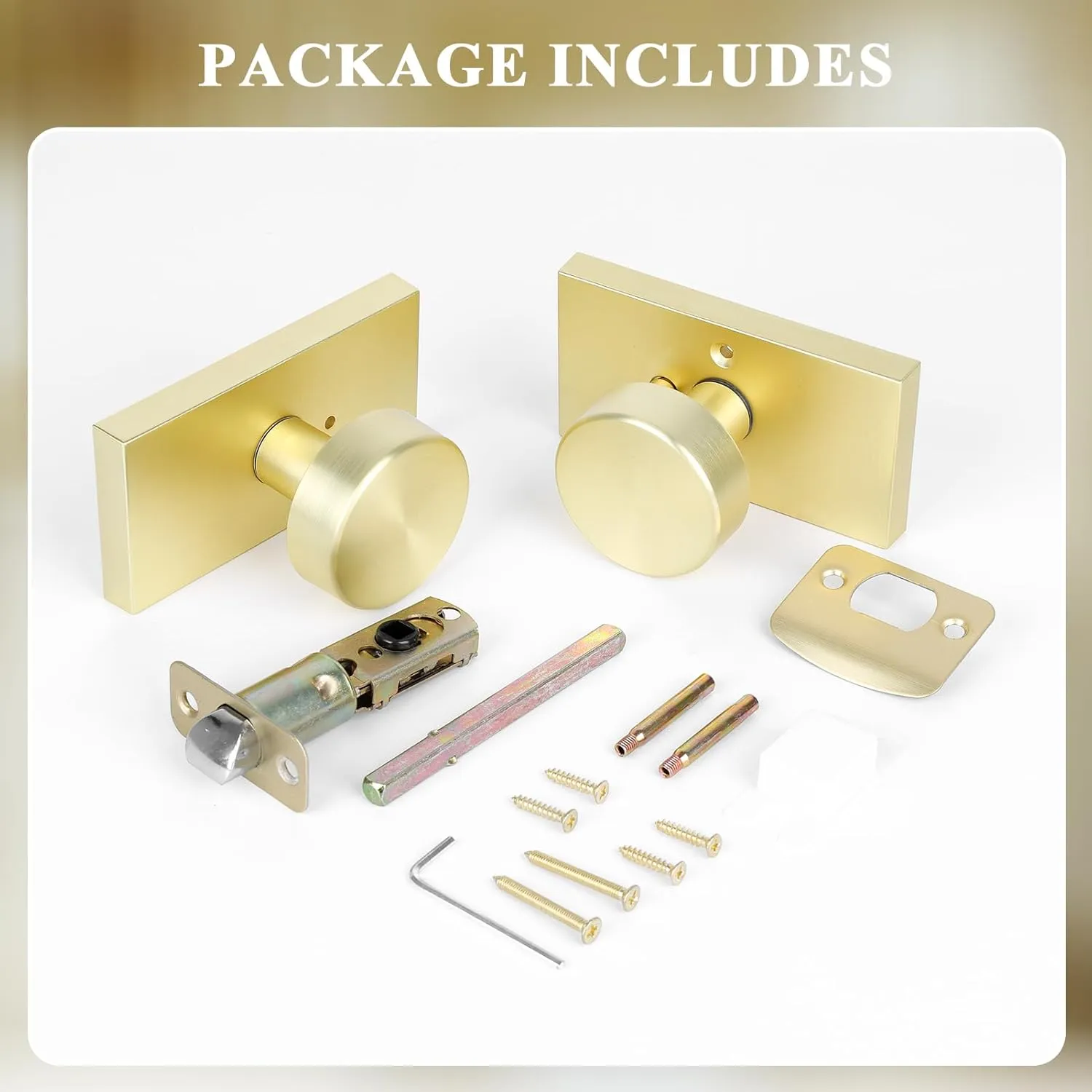 Privacy Gold Door Knob Interior, Satin Brass Door Knobs with Lock, Modern Round Door Handles for Bedroom Bathroom,Rectangle Rosette