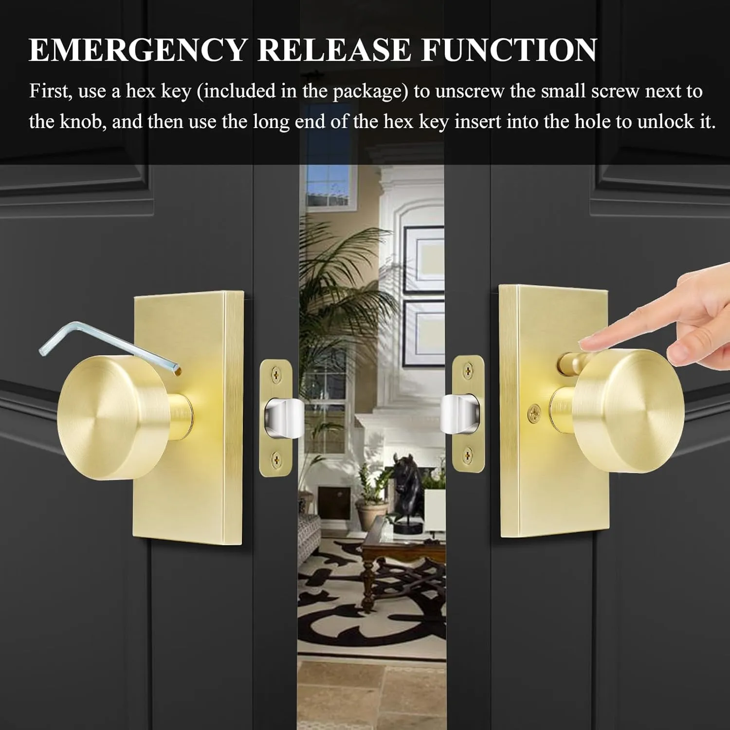 Privacy Gold Door Knob Interior, Satin Brass Door Knobs with Lock, Modern Round Door Handles for Bedroom Bathroom,Rectangle Rosette
