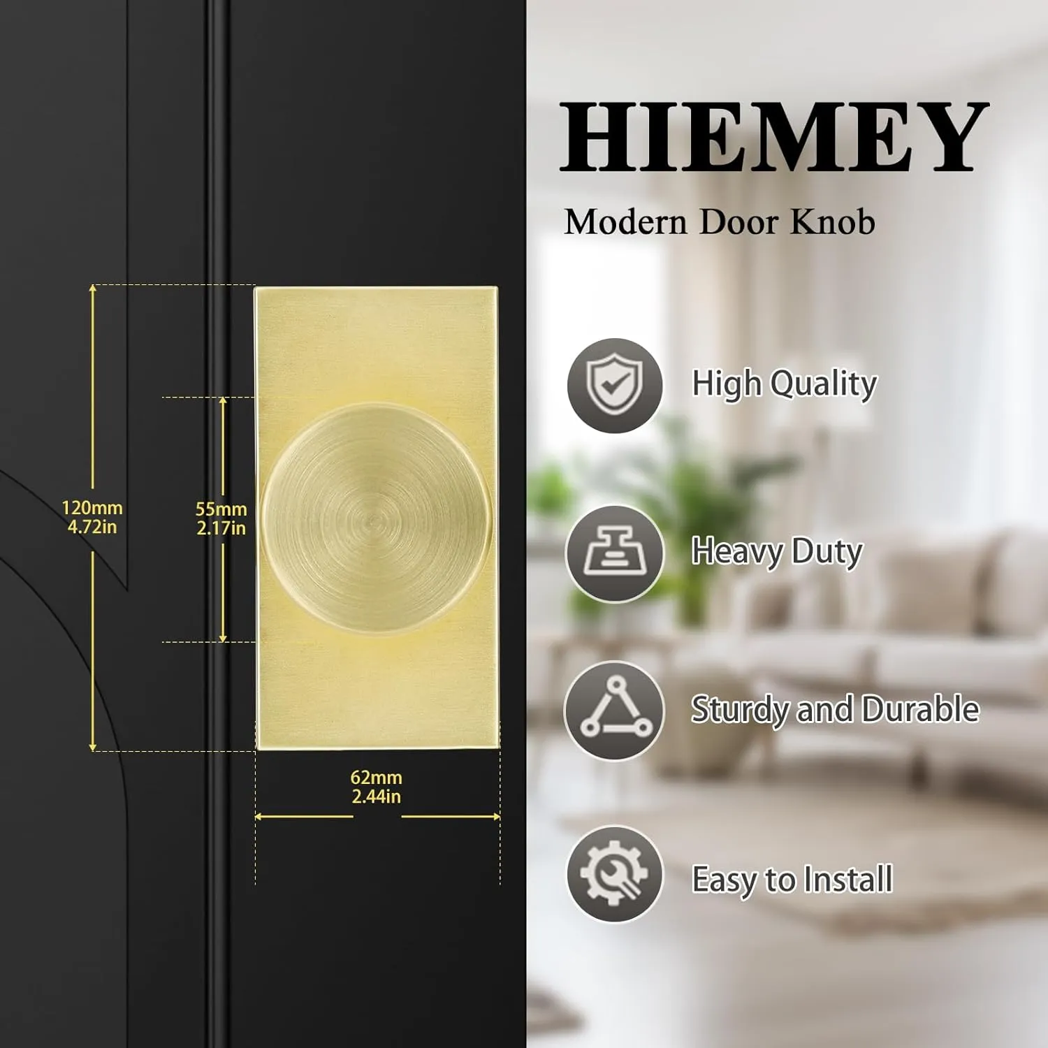 Privacy Gold Door Knob Interior, Satin Brass Door Knobs with Lock, Modern Round Door Handles for Bedroom Bathroom,Rectangle Rosette