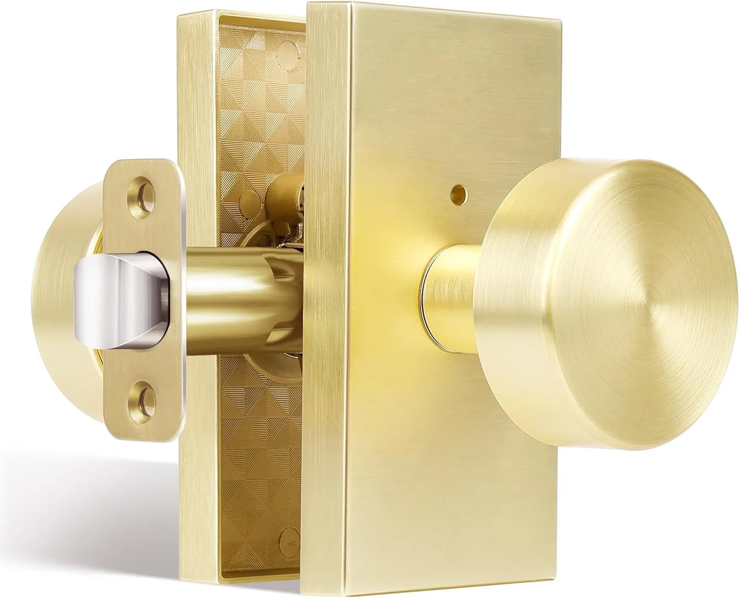 Privacy Gold Door Knob Interior, Satin Brass Door Knobs with Lock, Modern Round Door Handles for Bedroom Bathroom,Rectangle Rosette