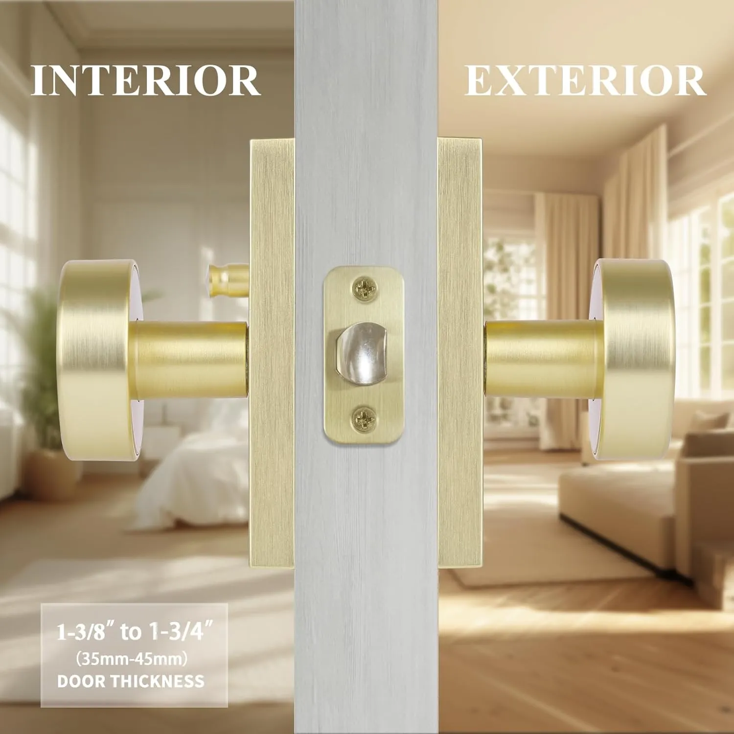 Privacy Gold Door Knob Interior, Satin Brass Door Knobs with Lock, Modern Round Door Handles for Bedroom Bathroom,Rectangle Rosette