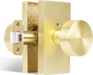 Privacy Gold Door Knob Interior, Satin Brass Door Knobs with Lock, Modern Round Door Handles for Bedroom Bathroom,Rectangle Rosette
