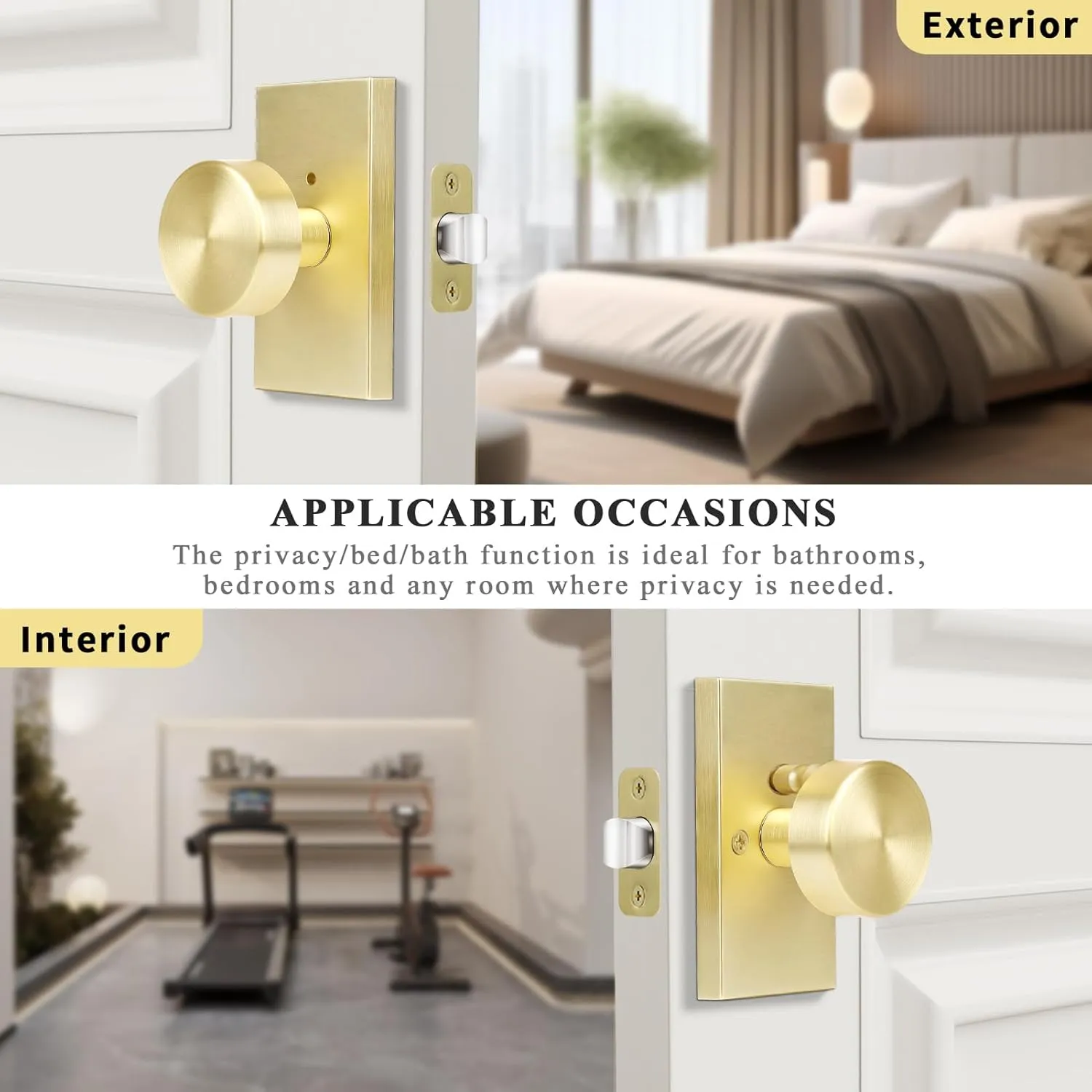 Privacy Gold Door Knob Interior, Satin Brass Door Knobs with Lock, Modern Round Door Handles for Bedroom Bathroom,Rectangle Rosette