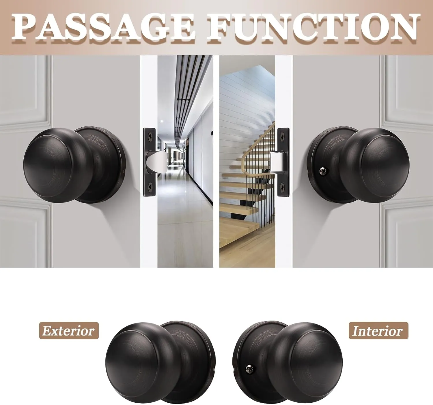 Probrico Door Knobs Interior, Closet Door Knobs, Passage Door Handles, Keyless Door Knobsets No Lock, Oil Rubbed Bronze, 2 Pack