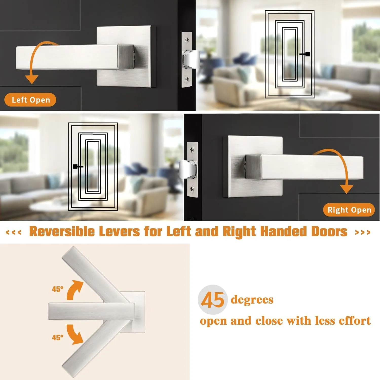 Probrico Square Passage Door Levers Set Keyless Interior Door Handles Brushed Nickel Finish, 6 Pack