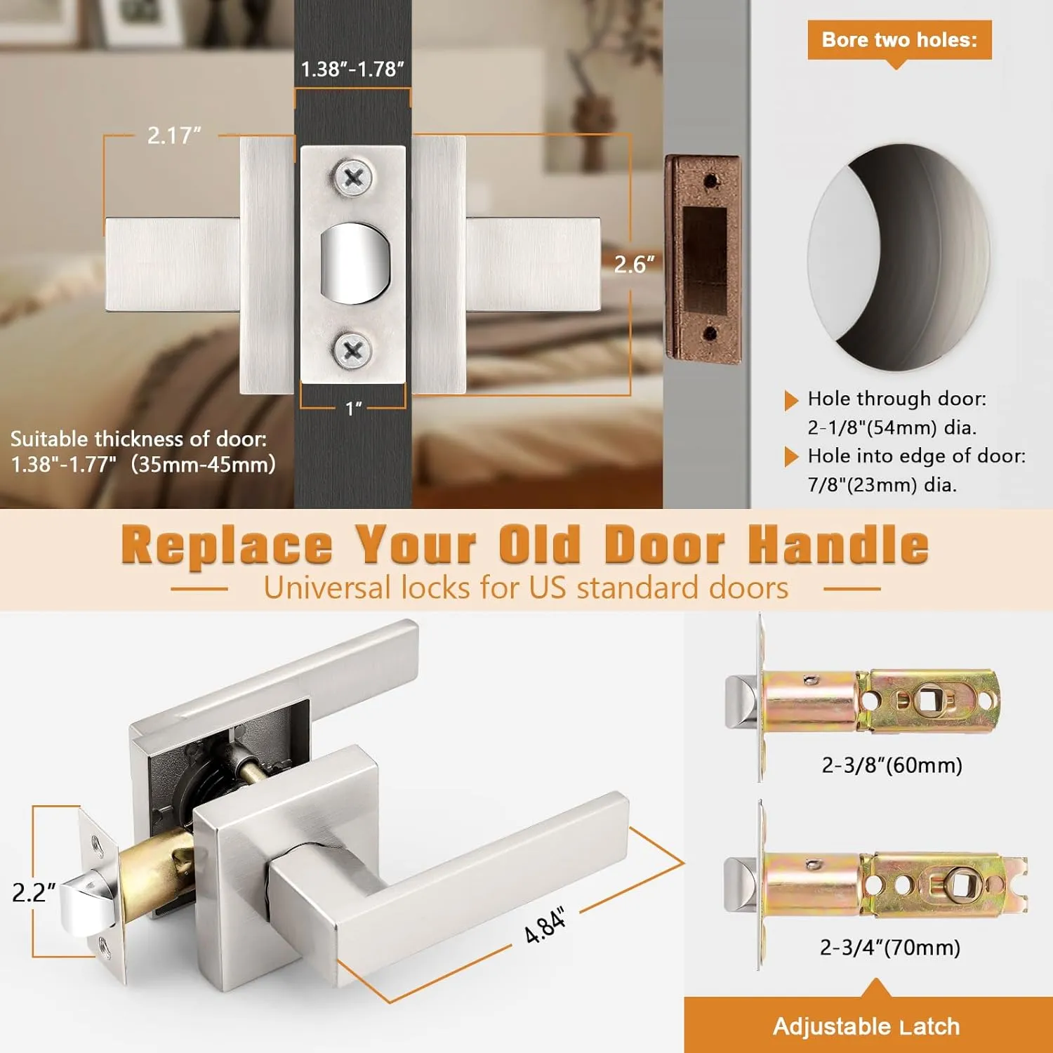 Probrico Square Passage Door Levers Set Keyless Interior Door Handles Brushed Nickel Finish, 6 Pack