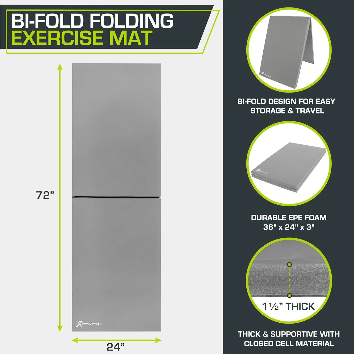ProsourceFit Bi-Fold Folding Thick Exercise Mat 6’x2’ with Carrying Handles for MMA, Gymnastics Core Workouts, Grey