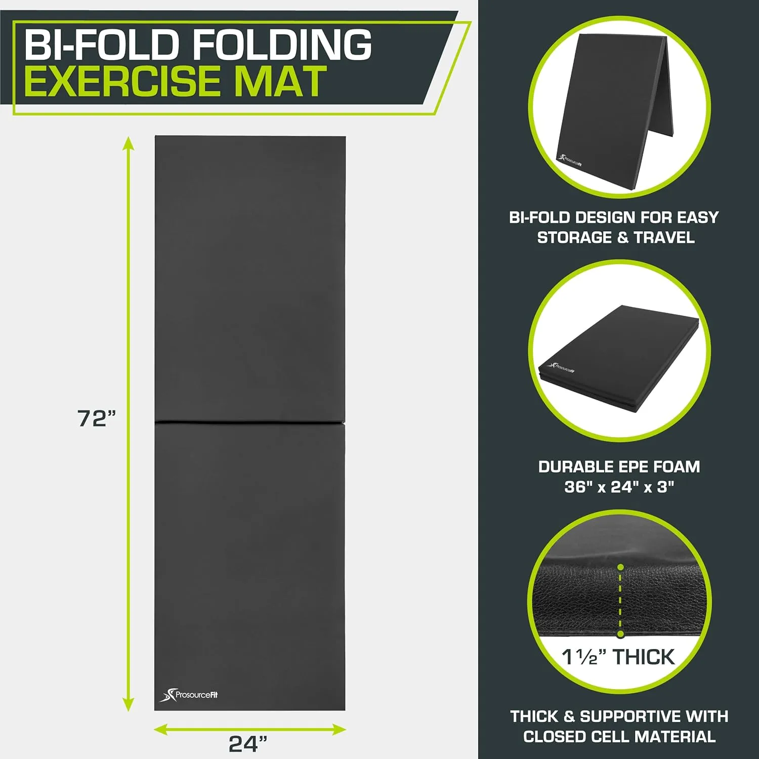 ProsourceFit Bi-Fold Folding Thick Exercise Mat 6’x2’ with Carrying Handles for MMA, Gymnastics Core Workouts