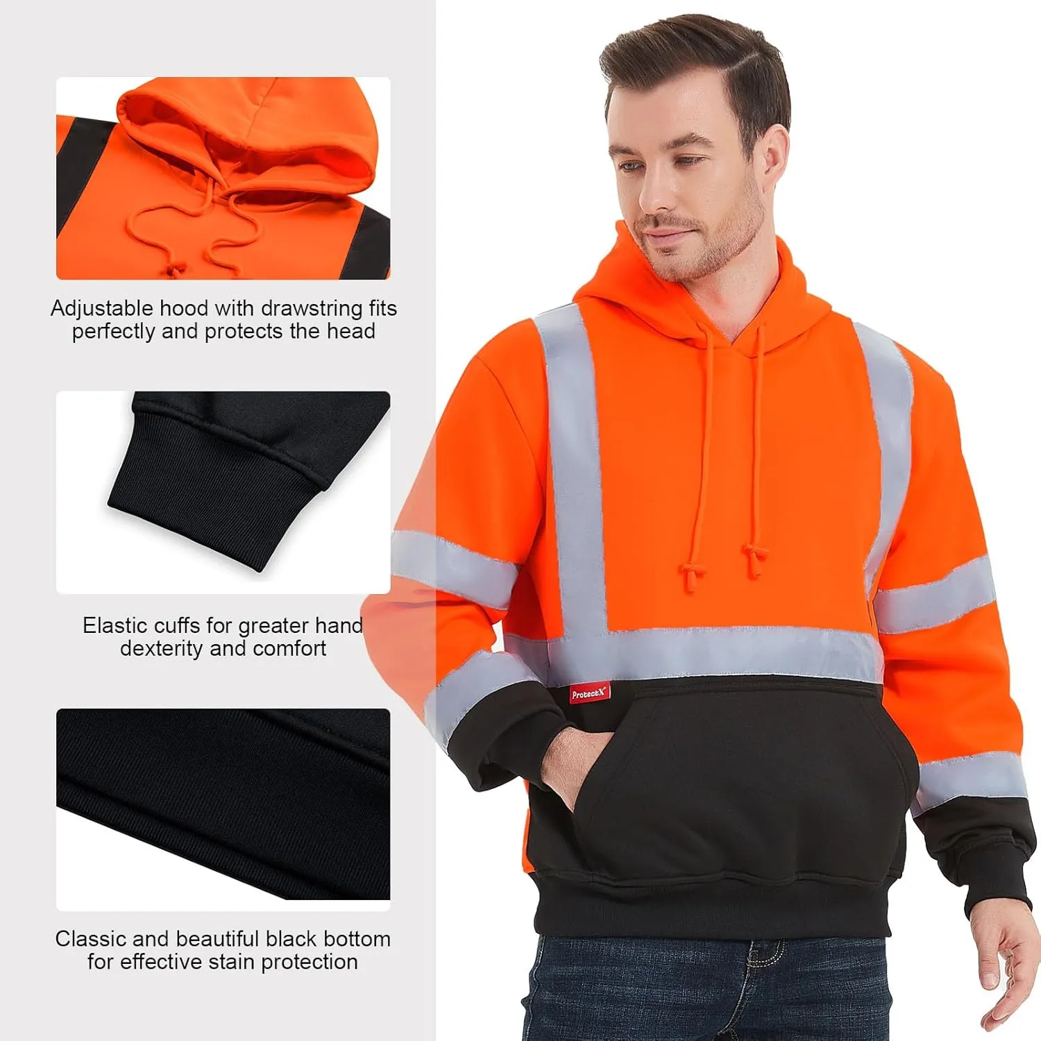 ProtectX Hi Vis Hoodie for Men Women High Visibility Safety Sweatshirt Reflective with Pockets for Construction Work Class 3