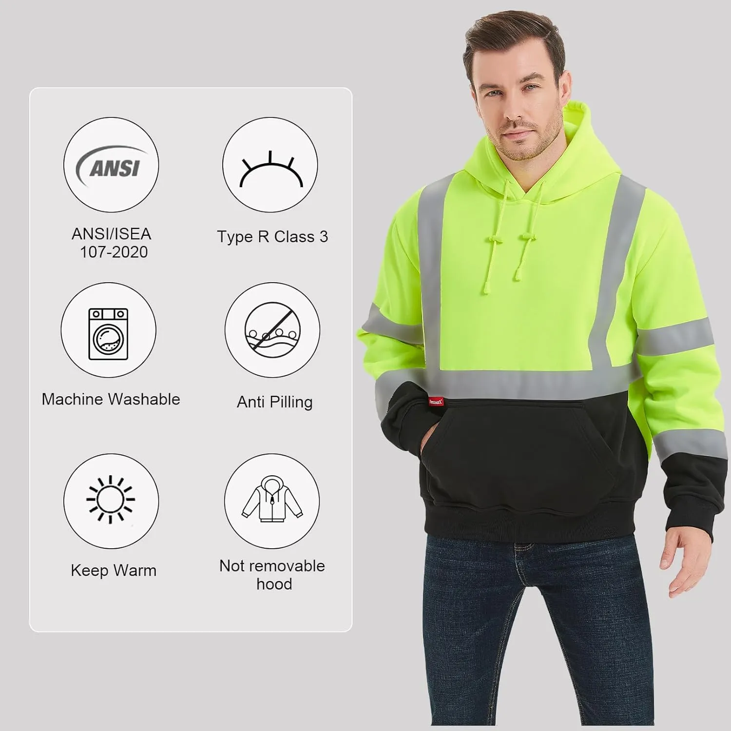 ProtectX Hi Vis Hoodie for Men Women High Visibility Safety Sweatshirt Reflective with Pockets for Construction Work Class 3
