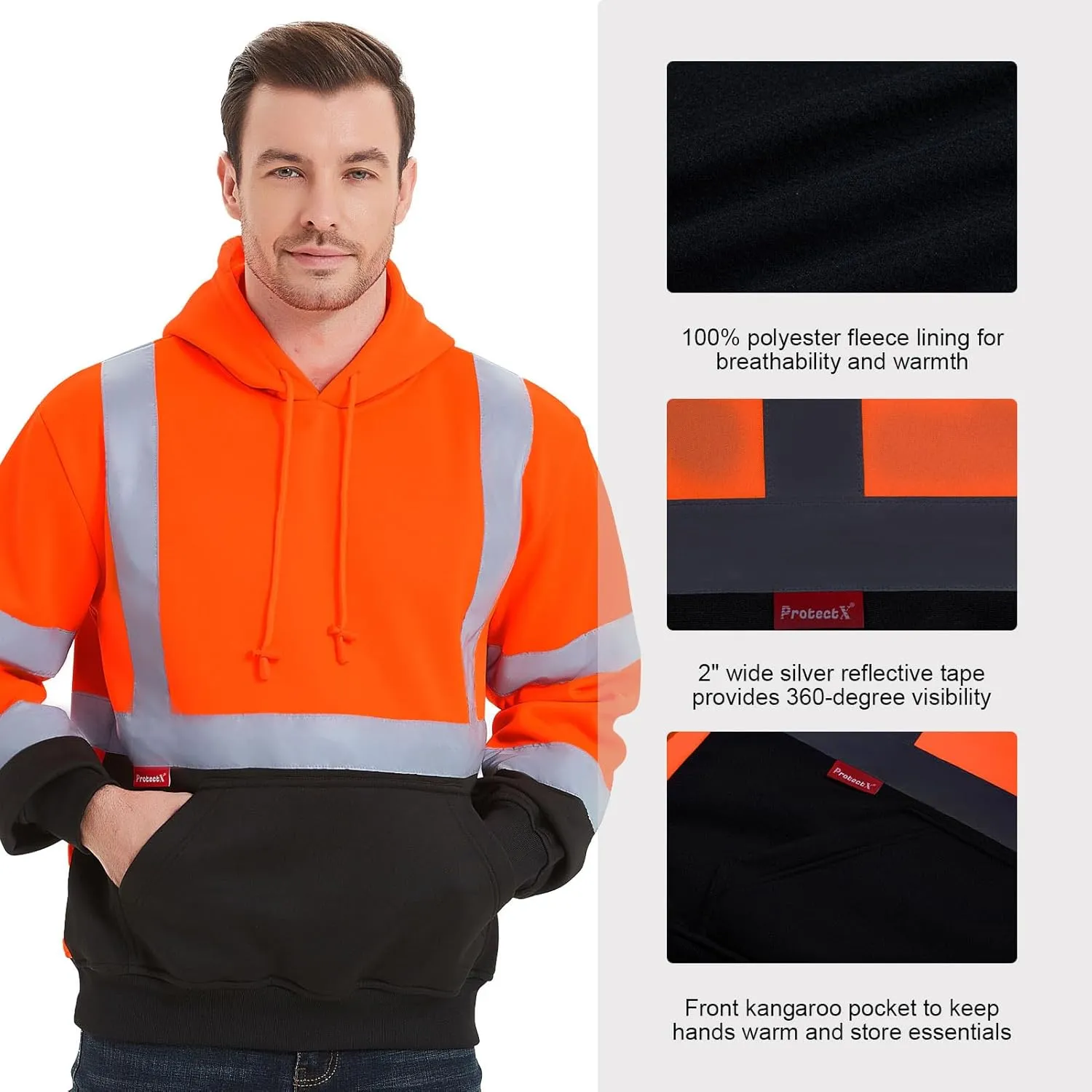ProtectX Hi Vis Hoodie for Men Women High Visibility Safety Sweatshirt Reflective with Pockets for Construction Work Class 3